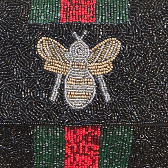 🌟HP🌟🐝Queen Bee Black Green Red Stripe Seed Bead Crossbody Clutch - Picture 4 of 14